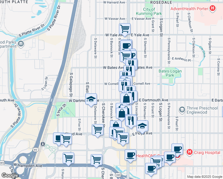map of restaurants, bars, coffee shops, grocery stores, and more near 3030 South Bannock Street in Englewood