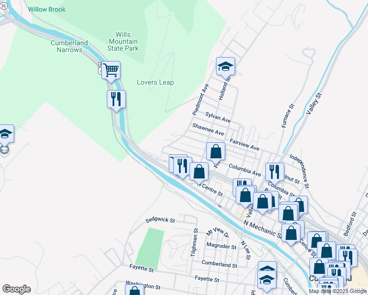 map of restaurants, bars, coffee shops, grocery stores, and more near 841 Columbia Avenue in Cumberland