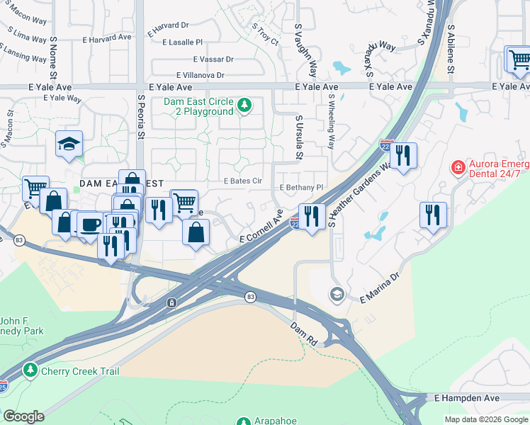 map of restaurants, bars, coffee shops, grocery stores, and more near 12777 East Cornell Avenue in Aurora