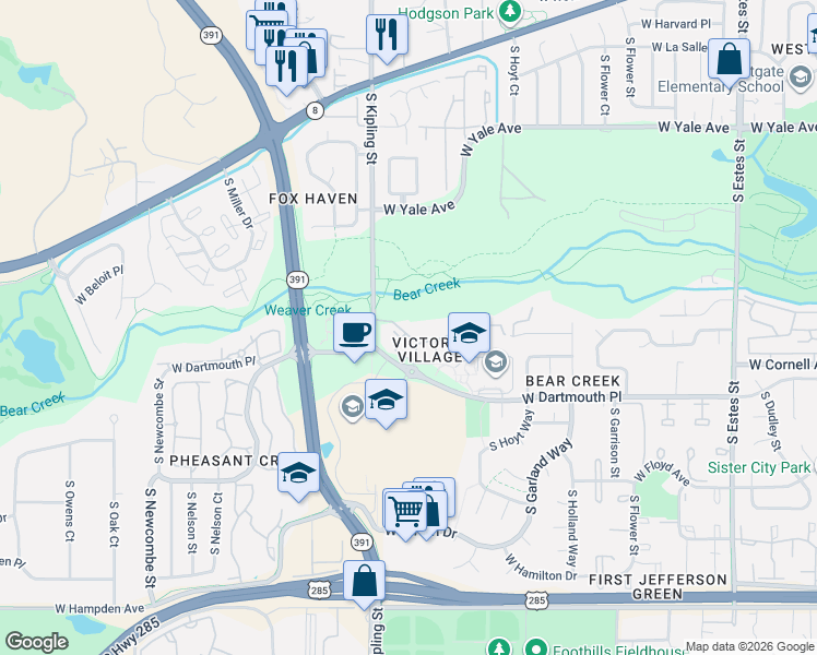 map of restaurants, bars, coffee shops, grocery stores, and more near 9831 West Cornell Place in Lakewood