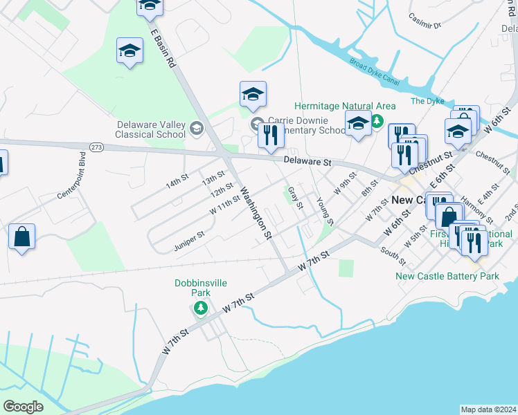 map of restaurants, bars, coffee shops, grocery stores, and more near 1003 Washington Street in New Castle