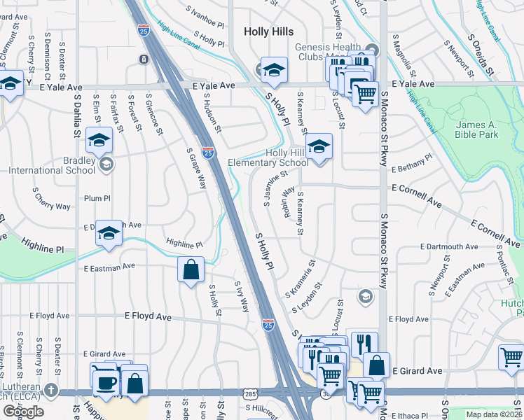 map of restaurants, bars, coffee shops, grocery stores, and more near 3080 South Holly Place in Denver