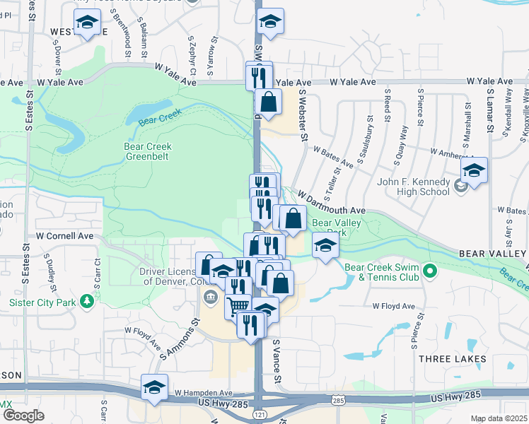map of restaurants, bars, coffee shops, grocery stores, and more near 3140 South Wadsworth Boulevard in Lakewood