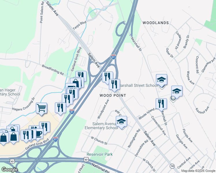 map of restaurants, bars, coffee shops, grocery stores, and more near 1481 Salem Avenue in Hagerstown