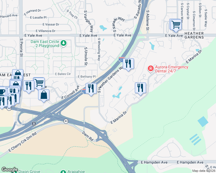map of restaurants, bars, coffee shops, grocery stores, and more near 10070 East Dartmouth Avenue in Aurora
