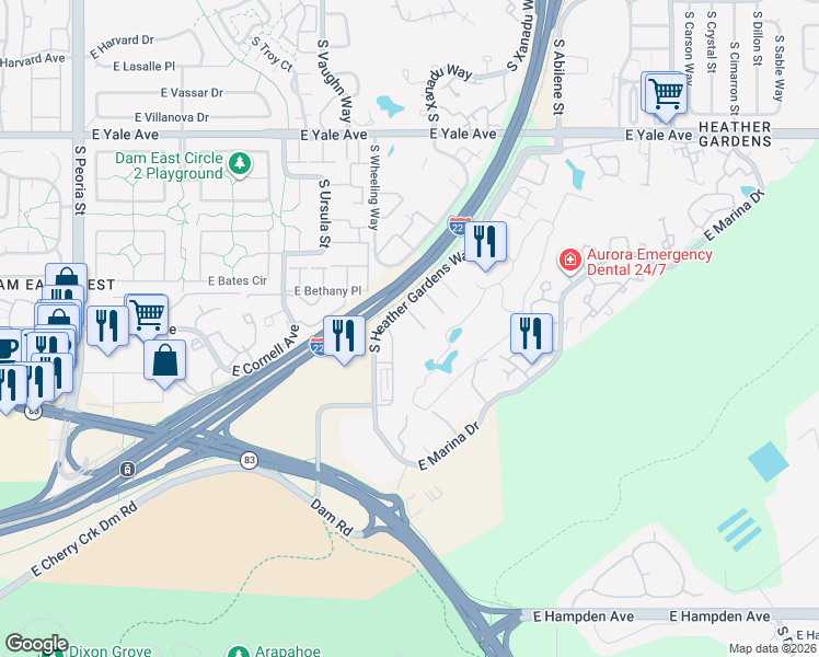 map of restaurants, bars, coffee shops, grocery stores, and more near 10070 East Dartmouth Avenue in Aurora