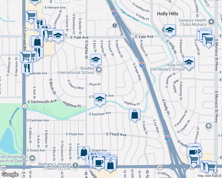 map of restaurants, bars, coffee shops, grocery stores, and more near 3080 South Fairfax Street in Denver