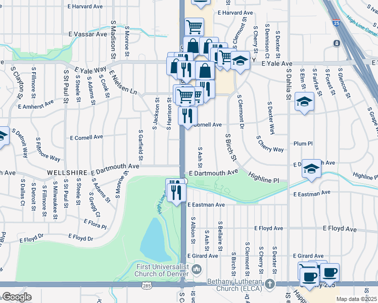 map of restaurants, bars, coffee shops, grocery stores, and more near 3040 South Colorado Boulevard in Denver