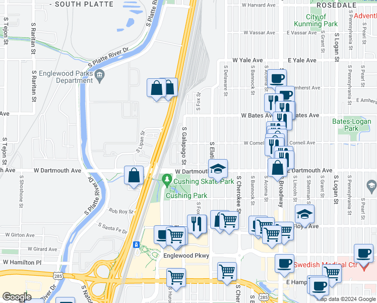 map of restaurants, bars, coffee shops, grocery stores, and more near 3036 South Galapago Street in Englewood