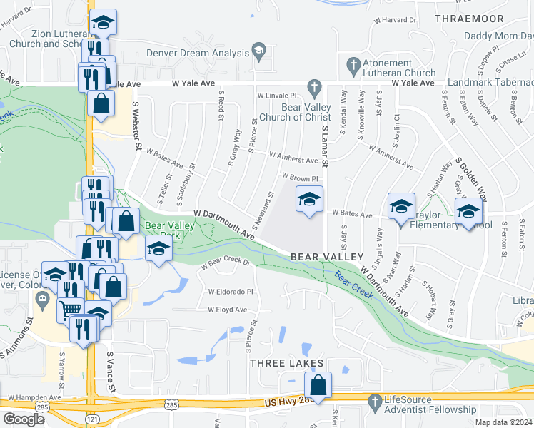 map of restaurants, bars, coffee shops, grocery stores, and more near 2992 South Newland Street in Denver