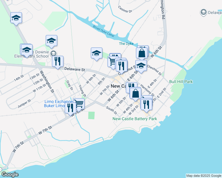 map of restaurants, bars, coffee shops, grocery stores, and more near 601 Tremont Street in New Castle