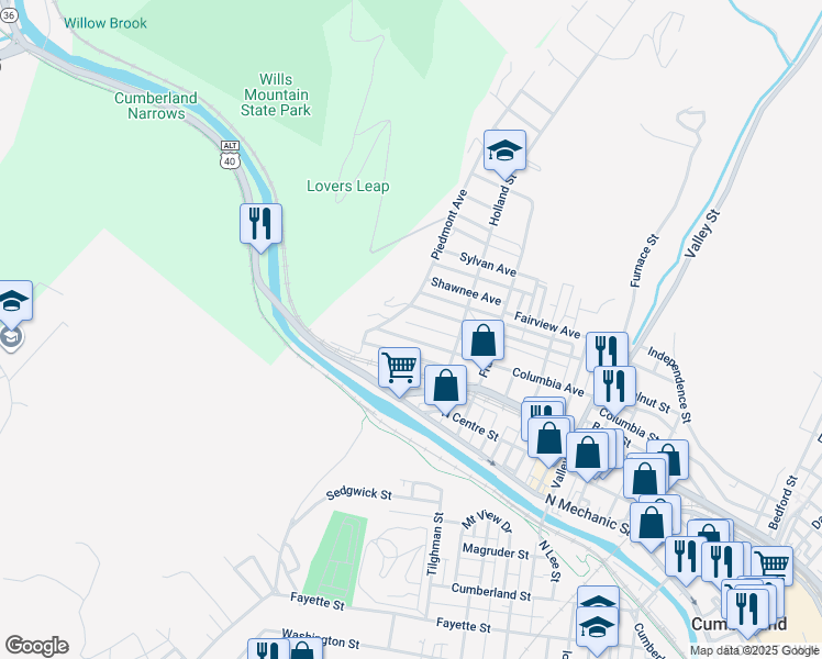 map of restaurants, bars, coffee shops, grocery stores, and more near 841 Columbia Avenue in Cumberland