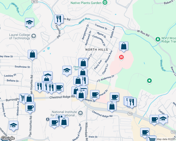 map of restaurants, bars, coffee shops, grocery stores, and more near 1288 Pineview Drive in Morgantown