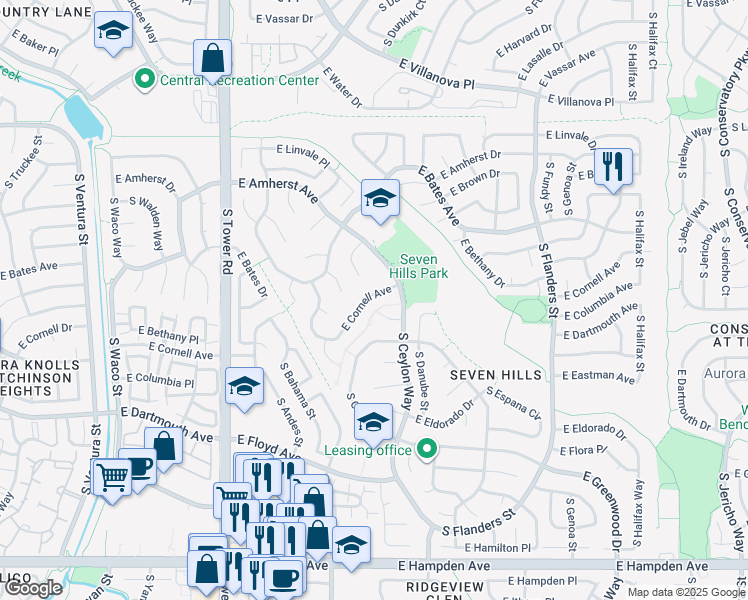 map of restaurants, bars, coffee shops, grocery stores, and more near 19058 East Cornell Avenue in Aurora