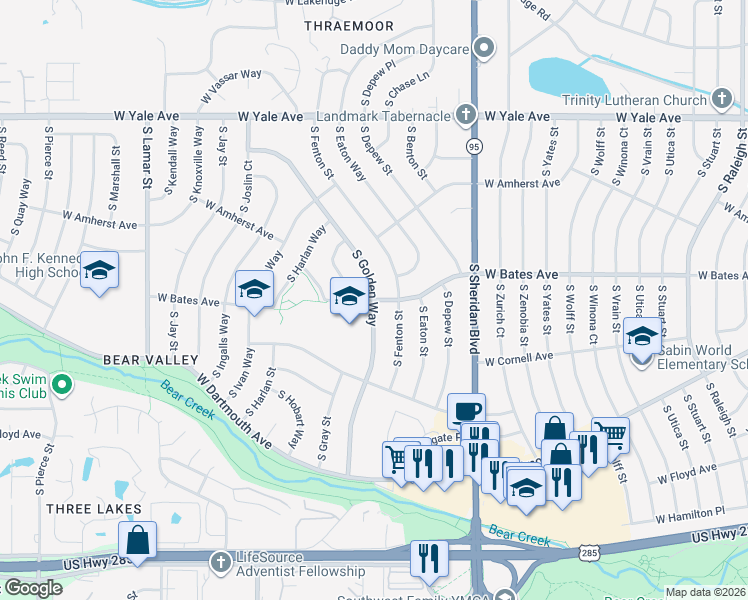 map of restaurants, bars, coffee shops, grocery stores, and more near W Bates Ave & S Golden Way in Denver