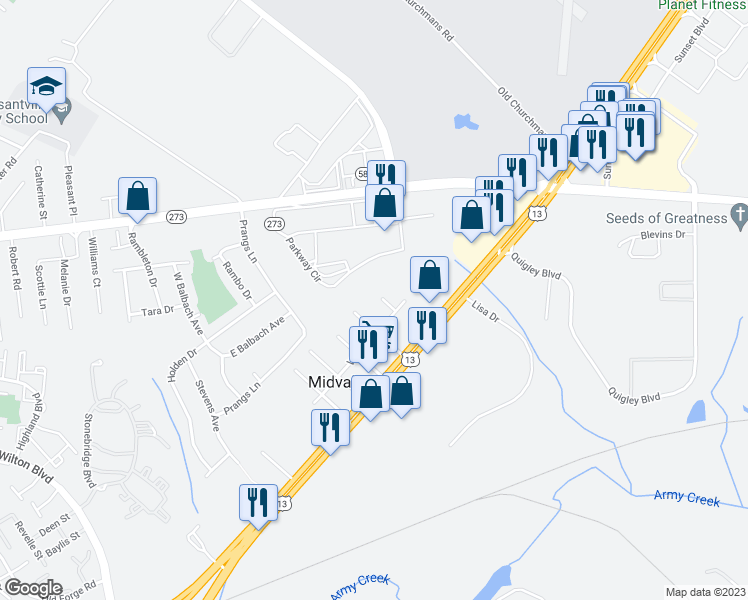 map of restaurants, bars, coffee shops, grocery stores, and more near 106 6th Avenue in New Castle