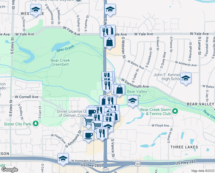 map of restaurants, bars, coffee shops, grocery stores, and more near 3140 South Wadsworth Boulevard in Lakewood