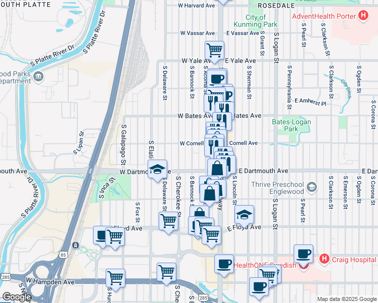 map of restaurants, bars, coffee shops, grocery stores, and more near 3035 South Bannock Street in Englewood