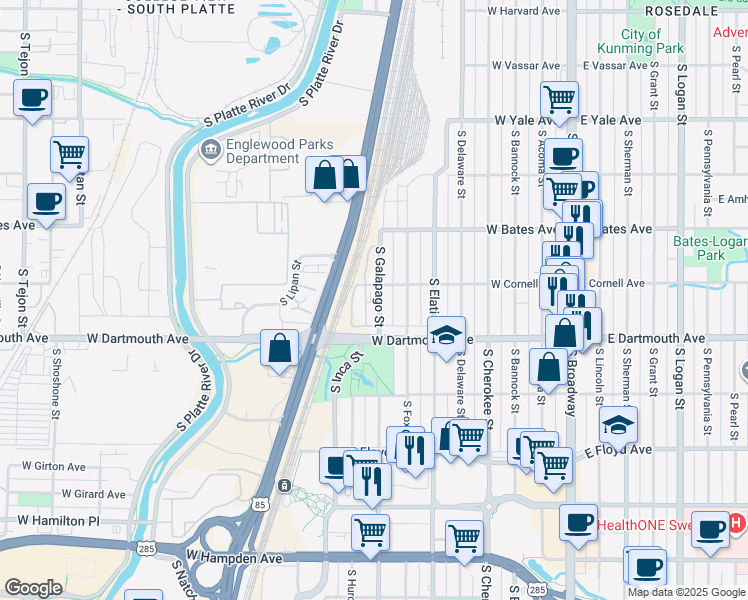 map of restaurants, bars, coffee shops, grocery stores, and more near 3036 South Galapago Street in Englewood