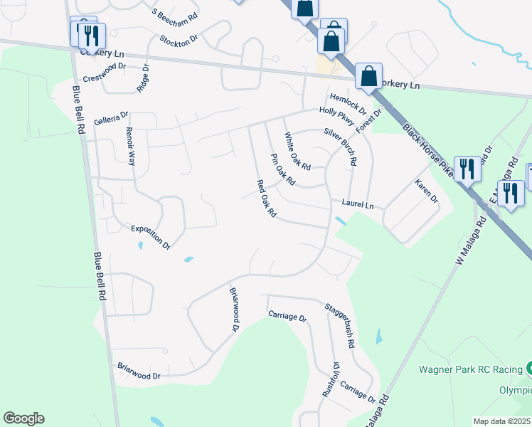map of restaurants, bars, coffee shops, grocery stores, and more near 1717 Red Oak Road in Monroe Township