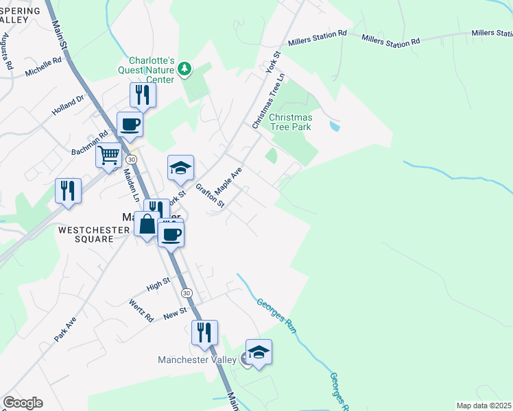 map of restaurants, bars, coffee shops, grocery stores, and more near 3321 Oak Street in Manchester