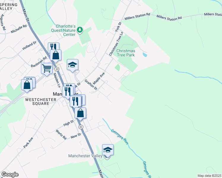 map of restaurants, bars, coffee shops, grocery stores, and more near 3321 Oak Street in Manchester