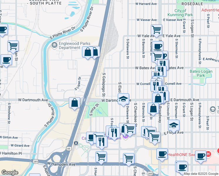 map of restaurants, bars, coffee shops, grocery stores, and more near 3036 South Galapago Street in Englewood