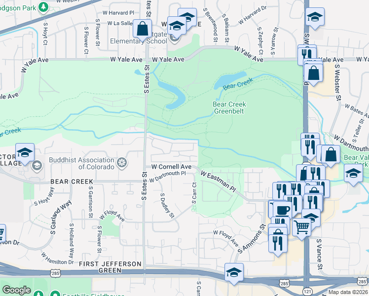 map of restaurants, bars, coffee shops, grocery stores, and more near 8753 West Cornell Avenue in Lakewood
