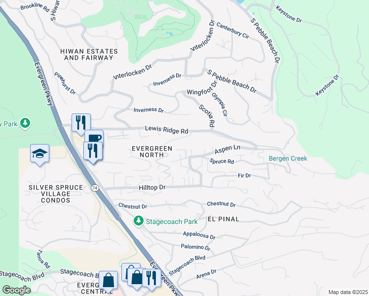 map of restaurants, bars, coffee shops, grocery stores, and more near 30423 Conifer Road in Evergreen
