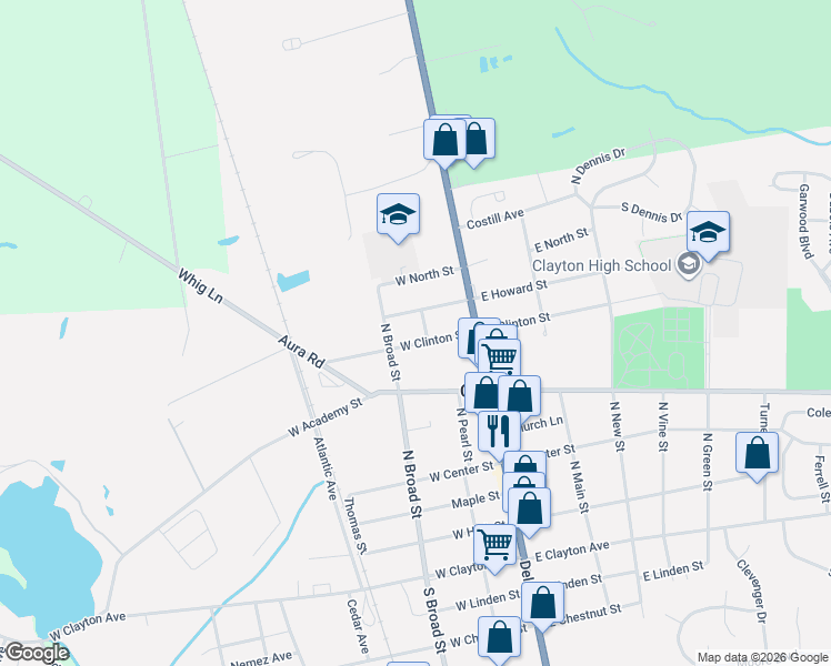 map of restaurants, bars, coffee shops, grocery stores, and more near 48 West Clinton Street in Clayton