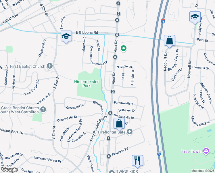 map of restaurants, bars, coffee shops, grocery stores, and more near 1165 Bishop Drive in Dayton