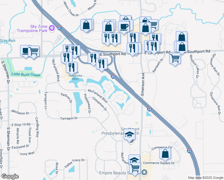 map of restaurants, bars, coffee shops, grocery stores, and more near 4839 Sunpoint Circle in Indianapolis
