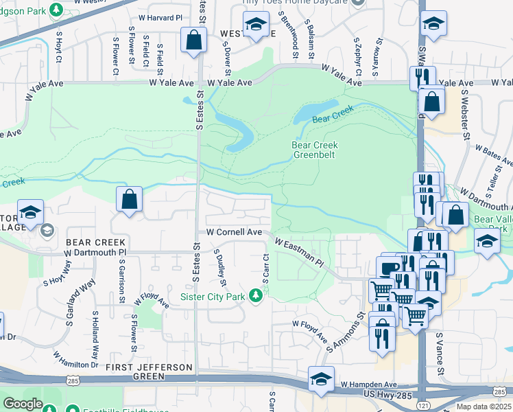 map of restaurants, bars, coffee shops, grocery stores, and more near 8767 West Cornell Avenue in Lakewood
