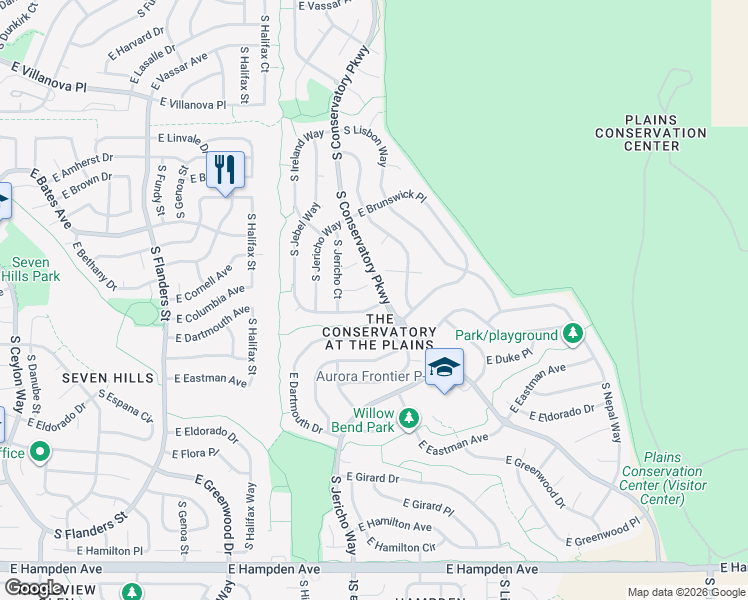 map of restaurants, bars, coffee shops, grocery stores, and more near 20495 East Columbia Place in Aurora
