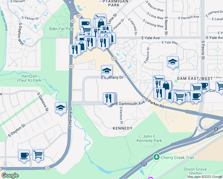 map of restaurants, bars, coffee shops, grocery stores, and more near 3025 South Parker Road in Aurora