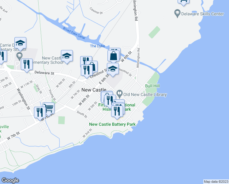 map of restaurants, bars, coffee shops, grocery stores, and more near 410 Harmony Street in New Castle