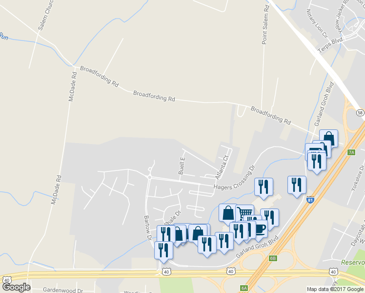 map of restaurants, bars, coffee shops, grocery stores, and more near 17590 Breccia Way in Hagerstown