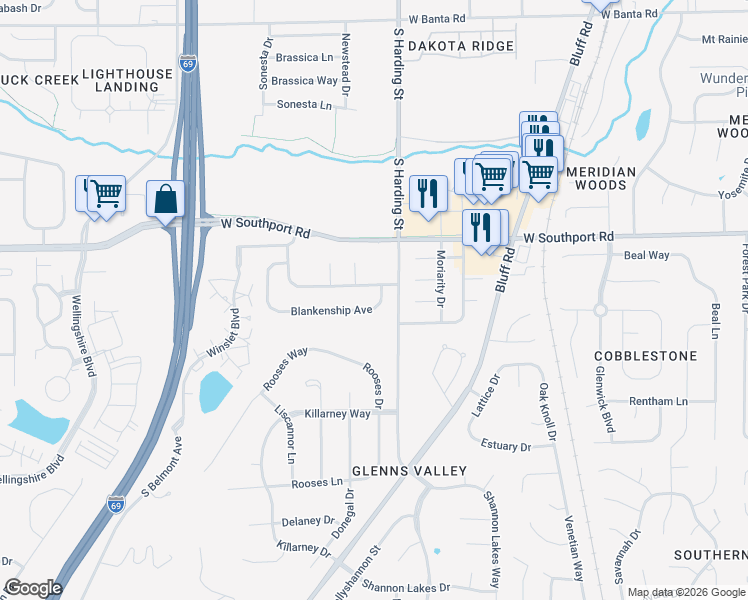 map of restaurants, bars, coffee shops, grocery stores, and more near 1806 Blankenship Drive in Indianapolis