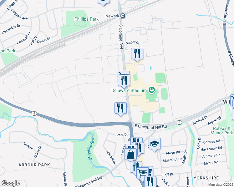 map of restaurants, bars, coffee shops, grocery stores, and more near 24 Marvin Drive in Newark