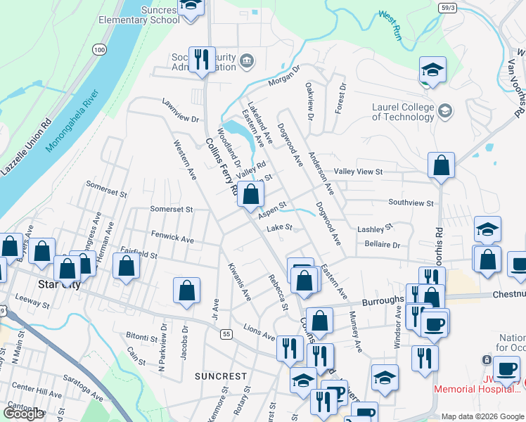 map of restaurants, bars, coffee shops, grocery stores, and more near 515 Aspen Street in Morgantown