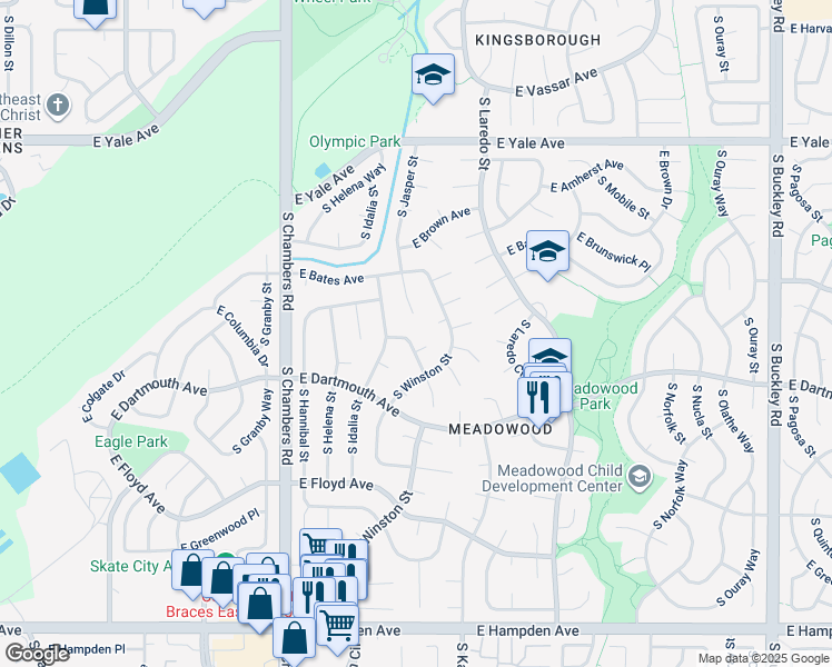 map of restaurants, bars, coffee shops, grocery stores, and more near 3038 South Jasper Way in Aurora