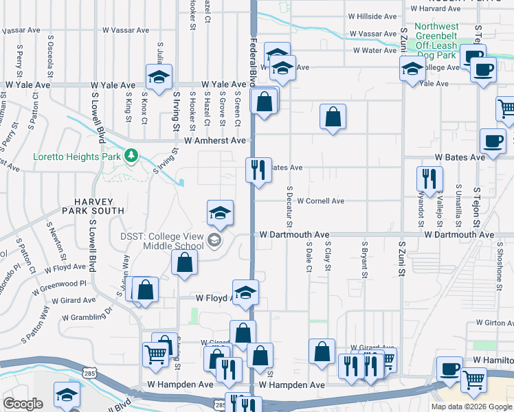 map of restaurants, bars, coffee shops, grocery stores, and more near in Denver