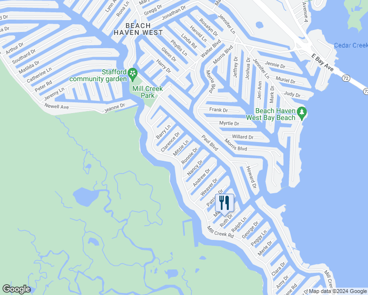map of restaurants, bars, coffee shops, grocery stores, and more near 27 Mitzie Lane in Stafford Township