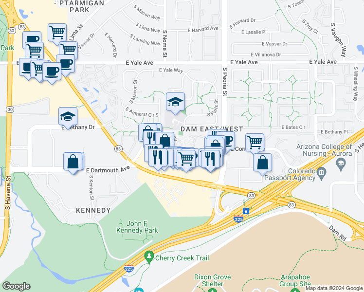 map of restaurants, bars, coffee shops, grocery stores, and more near 11763 East Cornell Circle in Aurora