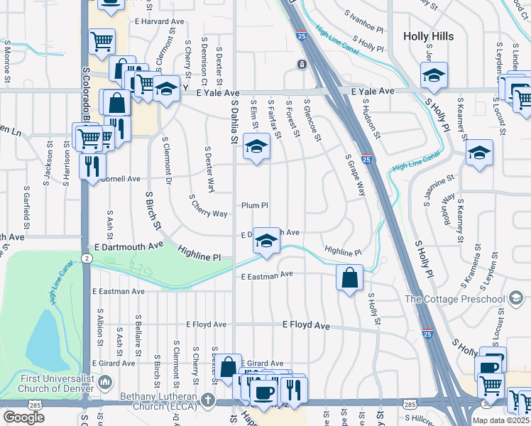 map of restaurants, bars, coffee shops, grocery stores, and more near 3085 South Elm Street in Denver