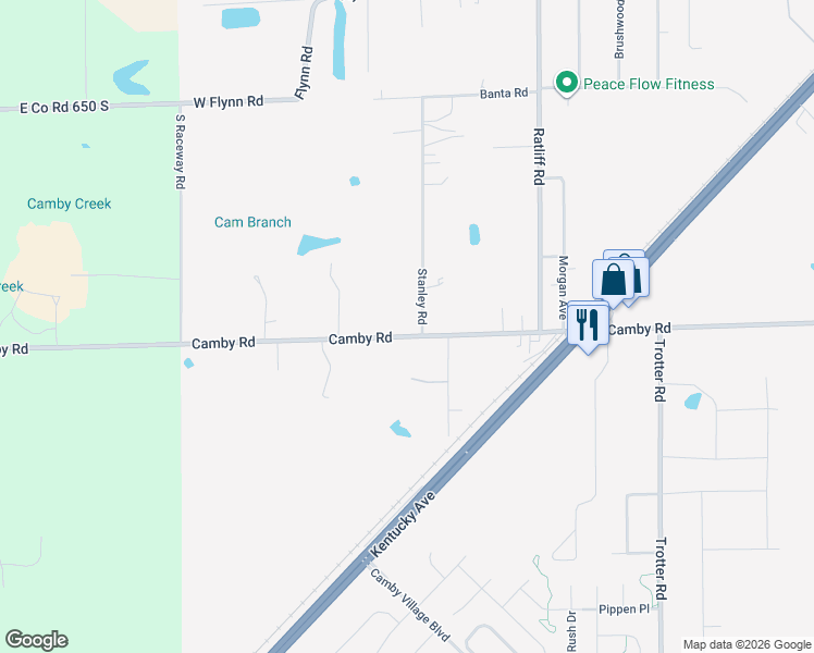 map of restaurants, bars, coffee shops, grocery stores, and more near 8805 Camby Road in Indianapolis