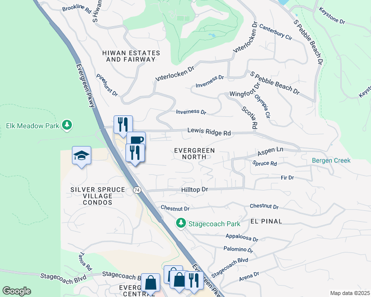 map of restaurants, bars, coffee shops, grocery stores, and more near 30554 Sun Creek Drive in Evergreen