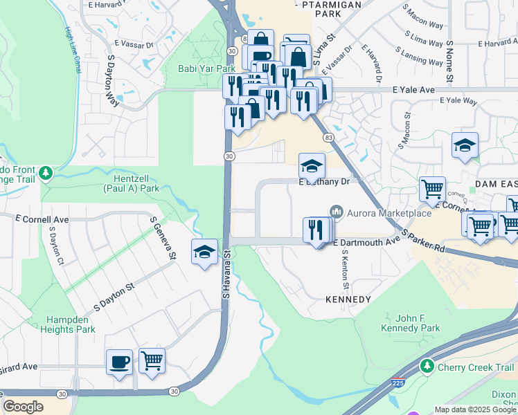 map of restaurants, bars, coffee shops, grocery stores, and more near 10630 E Bethany Dr in Aurora