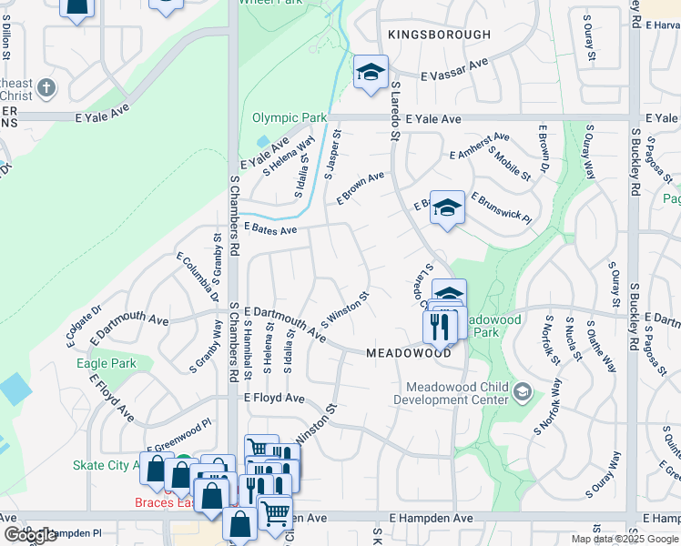 map of restaurants, bars, coffee shops, grocery stores, and more near 3038 South Jasper Way in Aurora