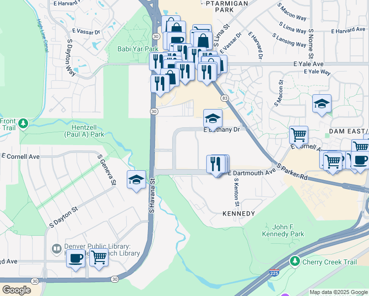 map of restaurants, bars, coffee shops, grocery stores, and more near 10630 East Bethany Drive in Aurora